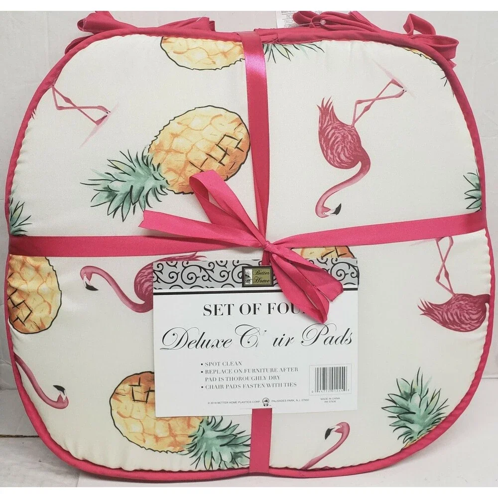 Set of 4 CHAIR PADS CUSHIONS w/ pink strings, FLAMINGOS & PINEAPPLES,15